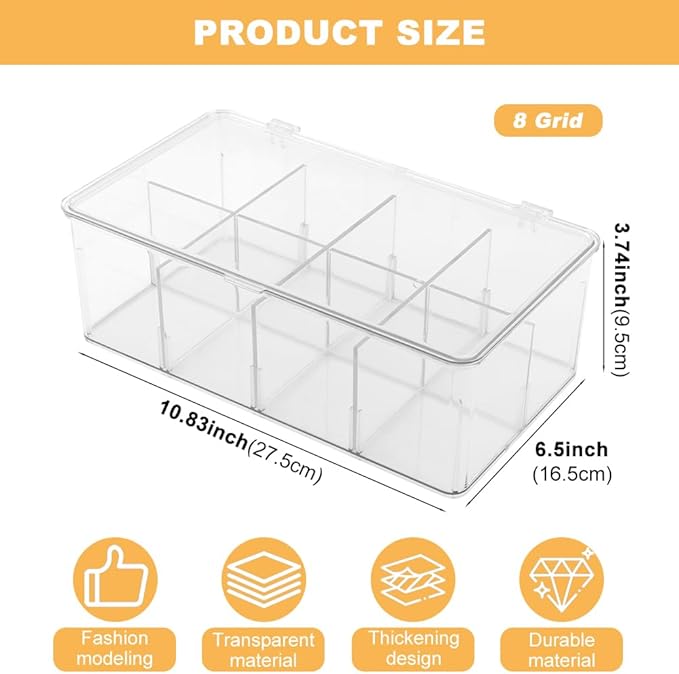 Clear Tea Bag Organizer,Stackable Tea Bag Storage Organizer with Lid,Dresser Organizers Drawer Organzier with Removable Dividers,Multi-Functional Kitchen Organizer,Home organizer