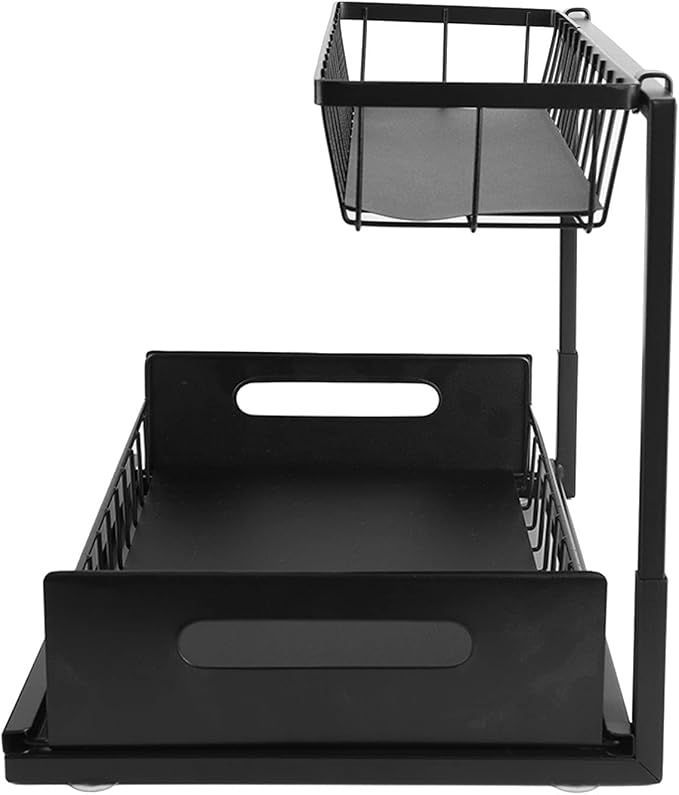 Under Sink Organizer L Shape 2 Tier Slide Out Sink Shelf, Under Sink Storage Organizer with Slide Out System, Carbon Steel Under Sink Shelf for Kitchen Bathroom, Includes
