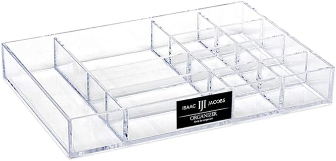 Isaac Jacobs 12-Compartment Clear Acrylic Drawer Organizer (9.4" L x 6.4" W x 1.3" H), Multi-Sectional Tray & Storage Solution for Makeup, School & Office Supplies, Bathroom, Kitchen