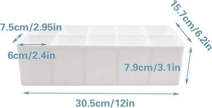 Plastic Belt Organizer, 10 Section Drawer Organizer for Storage Belt, Ties, Underwear and Socks, White Removable Dividers Storage Box for Closet Dresser Drawer, 12 x 6.2 x 3.1 Inch