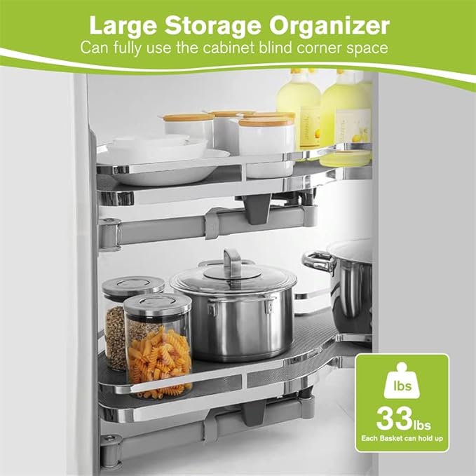 Blind Corner Cabinet Pull Out Organizer, Soft Close Swing Left Pull Out Cabinet Organizer 36inch, Corner Cabinet Lazy Susan for Corner Cabinet Blind Shelf, 2 Tiers Tray, Adjustable Height