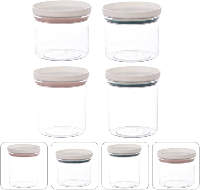 Plastic Food Storage Jars Set 4pcs (250ml 350ml) Airtight Sealed Containers with Lid for Kitchen Pantry Organization, Sturdy Plastic Pot Containers for Cereals Beans Storage