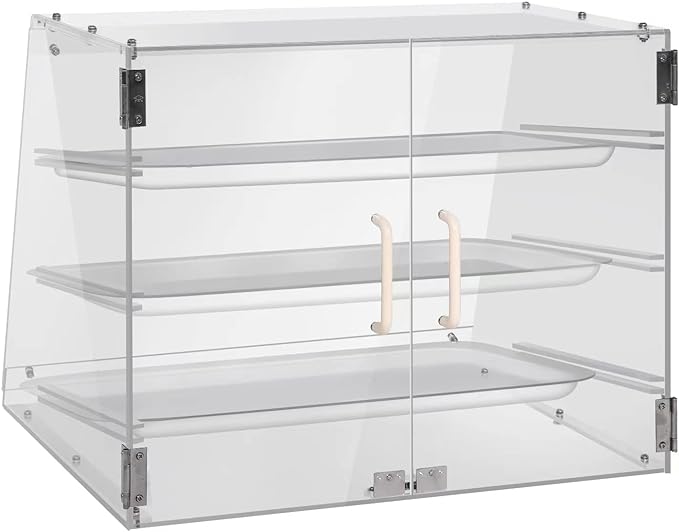 YBSVO 3-Tier Commercial Bakery Display Case - 21-Inch Countertop Pastry & Dessert Showcase with Slanted Front, Removable Trays & Magnetic Back Doors, Clear Acrylic for Bakeries, Cafes, Markets