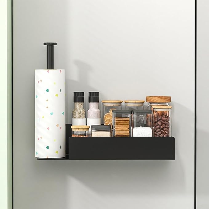Magnetic Spice Rack with Paper Towel Holder for Fridge Mounting, Metal Shelf Organizer for Kitchen Storage of Spices, Snacks, and Cooking Tools