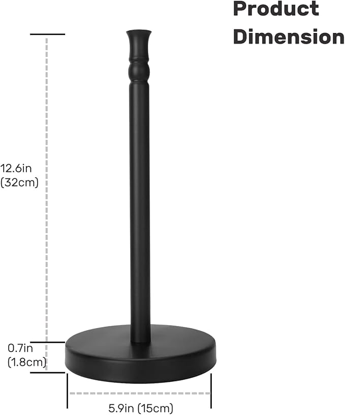 Black Paper Towel Holder Stand Countertop with Heavy Weighted Stainless Steel Base, Free Standing Paper Towel Holder (Black Matte)