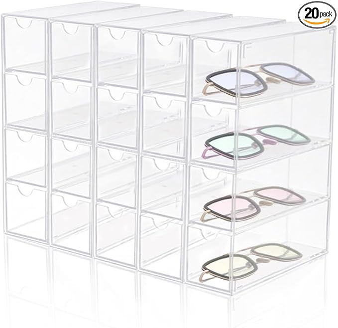 RETON 5 Sets Acrylic Sunglasses Organizers with 20 Drawers, Clear Eyeglass Holder for Glasses Display, Plastic Makeup Storage for Eyewear Watch Art Craft Cosmetic Jewelry Office Desktop