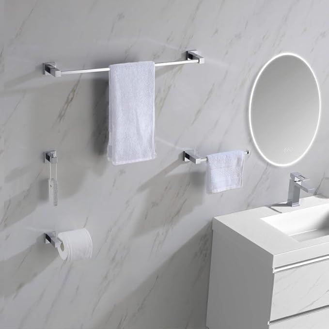 KIBI Cube 5-Piece Bathroom Hardware Set | Includes 24-Inch Towel Bar, Towel Ring, Toilet Paper Holder, and Robe Hooks | Wall-Mounted Solid Brass Accessories | Chrome Finish, C-KBA15-5