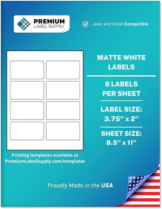 Premium Label Supply White Sticker Mailing Labels – 3.75" x 2" – Laser/Inkjet Compatible – (8 per Sheet), 25 Sheets – 200 Total Adhesive Labels