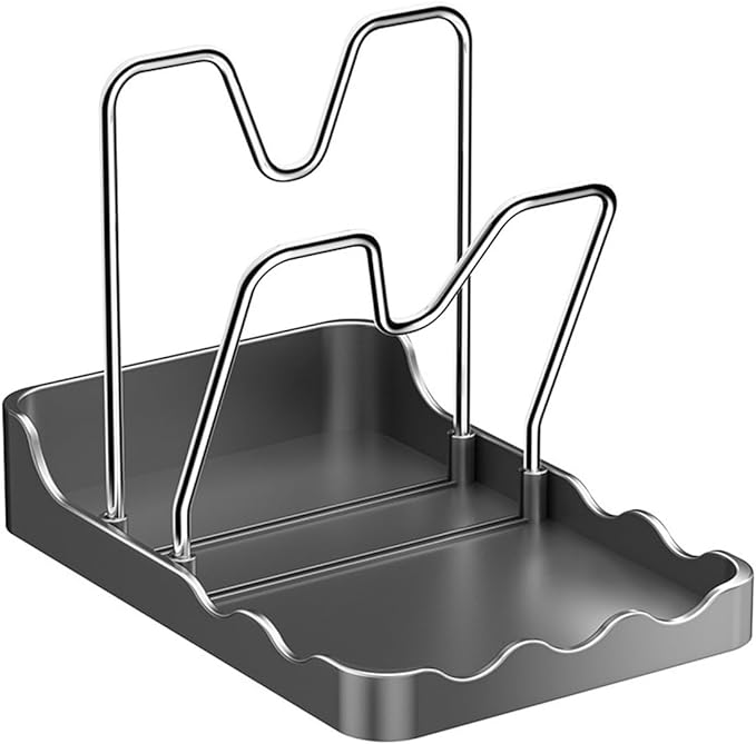 Pot Lid Holder for Kitchen Countertop - 2-in-1 Pot Lid Organizer with Spoon Rest and Rag Holder, PP + Stainless Steel Storage Rack, Grey(A)