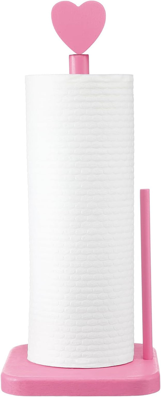 Leinuosen Valentines Day Pink Heart Paper Towel Holder Cute Heart Wooden Paper Towel Holder Pink Bathroom Countertop Accessories Kitchen Roll Stand Organizer Standing Apartment Decor Housewarming Gift