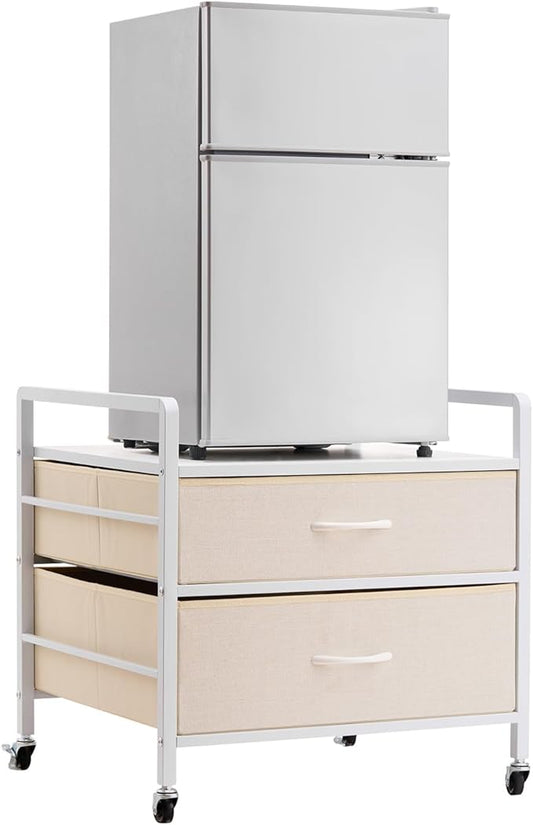 VEVOR Mini Fridge Stand with Storage, 176 lb-Capacity Mini Fridge Table with 2 Drawers & 4 Swivel Wheels, Mobile Mini Fridge Shelf, White Mini Fridge Organizer for Dorm, Apartment, Office, Bedroom