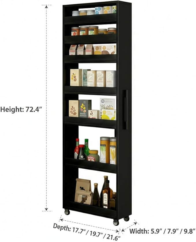 7 Tier Slim Rolling Storage Cart with Wheels, Narrow Storage Cabinet for Small Spaces, Mobile Spice Rack Organizer for Kitchen, Pantry, Baking Room, Dining Room(Black,7.9"x21.6"x72.4")