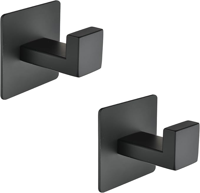 Linatikou Matte Black Adhesive Hooks, 2-Pack Stainless Steel Right Angle Hooks for Towels, Robes, Hats - No Drill Bathroom & Kitchen Organization, Rust-Proof for Smooth Surfaces