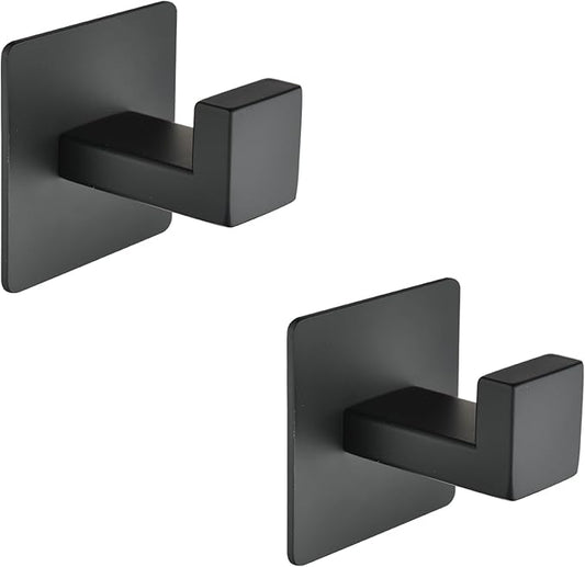 Linatikou Matte Black Adhesive Hooks, 2-Pack Stainless Steel Right Angle Hooks for Towels, Robes, Hats - No Drill Bathroom & Kitchen Organization, Rust-Proof for Smooth Surfaces