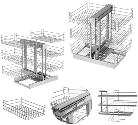 Heavy Duty Stainless Steel Corner Pull Out, 3 Tier 6 Basket Cabinet Organizer for 17" Opening, Soft Close Slide Out Shelves