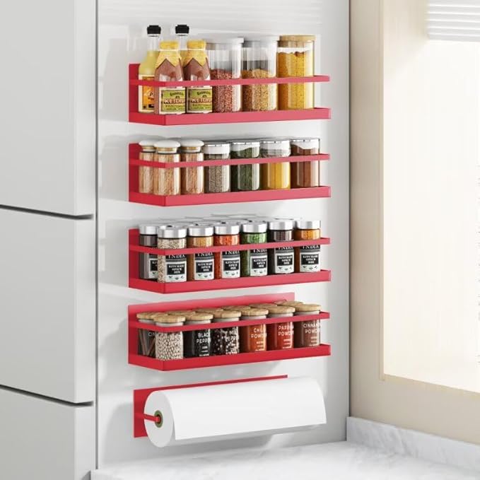 Roysili Magnetic Spice Rack For Refrigerator, Space Saving Magnetic Shelf For Fridge Red 4 Pack With Magnetic Paper Towel Holder