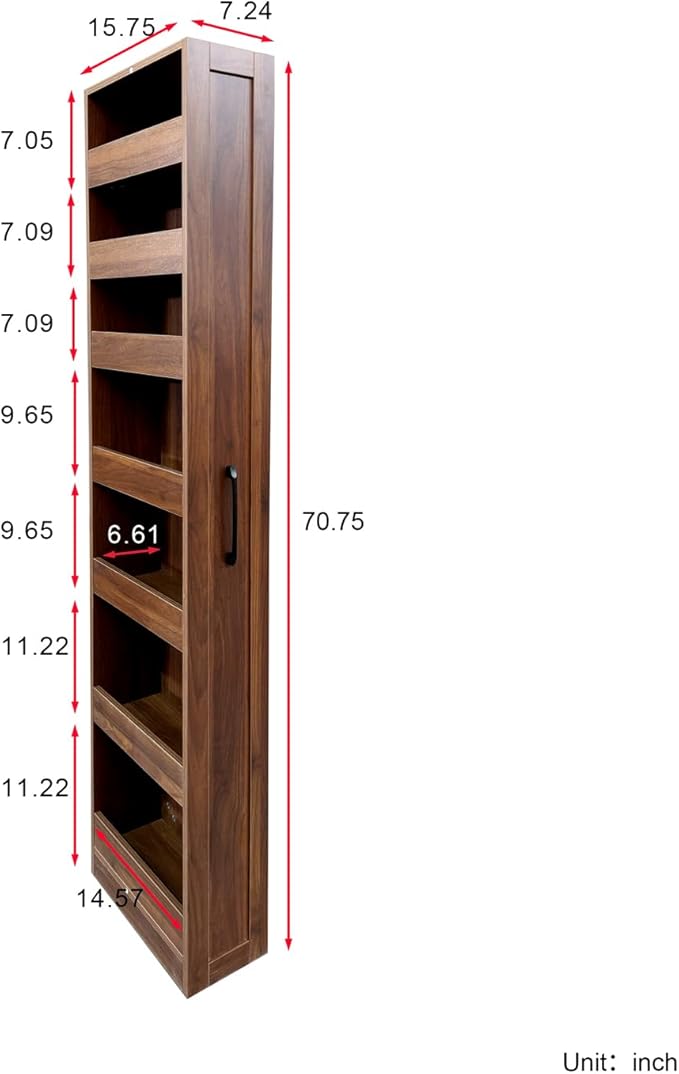 7 Tier Slim Pull Out Storage Cabinet, Narrow Mobile Shelf Organizer, Walnut Freestanding Slim Storage Tower Between Refrigerator & Counter, Utility Cart for Kitchen Dining Room Small Spaces
