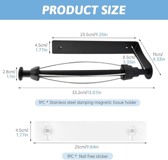 Magnetic Paper Towel Holder for Fridge, No Drill, One Hand Tear Paper Towel Holder with Ratchet Mechanism, Self-Adhesive & Wall Mount for Refrigerator, Kitchen, Garage, RV(Color:Black)