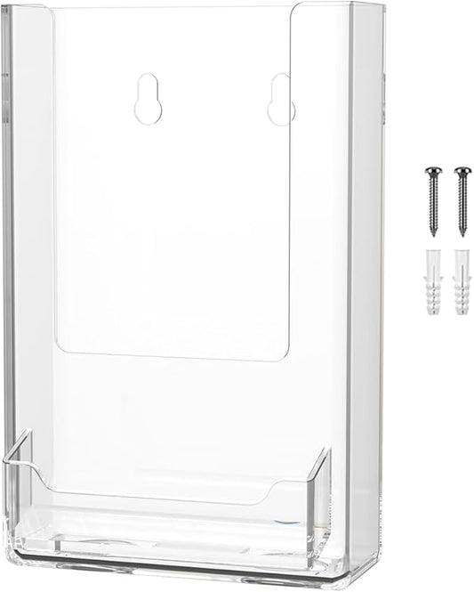 4 Pack Brochure Holder with Hardware for 4 Inch Trifolds and 3.5" x 2" Cards Printed Media for Tourist Attractions Gift Shops Retail Flyers Clear Acrylic Wall Mount by Marketing Holders