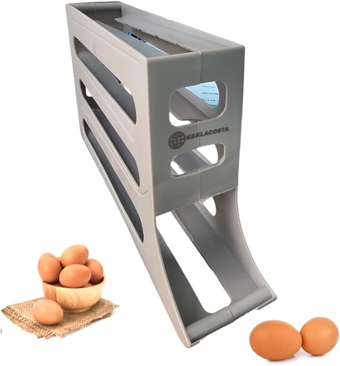 K&KLACOSTA 4 Tier Egg Tray, Automatic Egg Rolling Dispenser Rack for Storing Organizing Distributing and Rolling Eggs in Refrigerator Stackable, in Kitchens, Cabinets, Dining Grey (Grey, Regular)