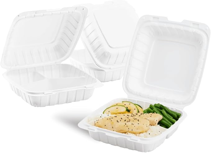 KARAT EARTH Clamshell Take Out Food Containers [8"x8" - 200 ct] To Go Containers | 3 Compartment, Soak-Resistant, Durable, Stackable | Vented for Hot/Cold Foods, White