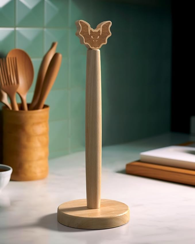 KitchLife Cute Wooden Paper Towel Holder Countertop - Solid Freestanding Paper Towel Dispenser Stand Organizer with Anti-Skid Base (Bat)