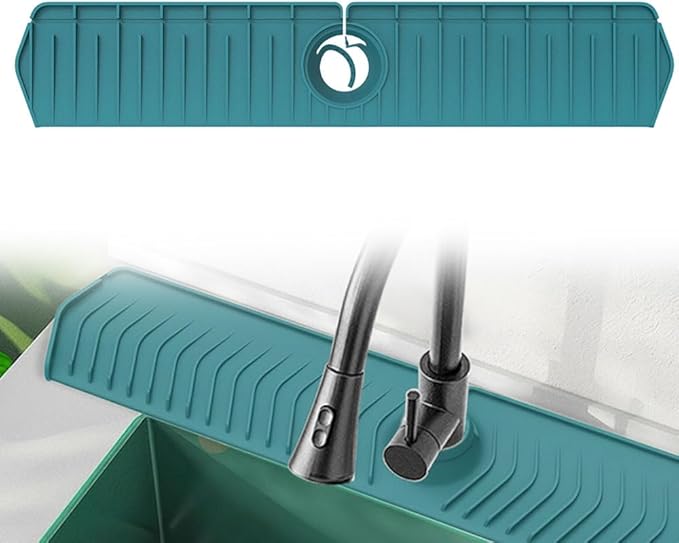 Foldable Kitchen Sink Faucet Mat, 76CM Thickened Faucet Mat for Kitchen Sink, Multi-Purpose Splash Guard & Drying Pad with Adjustable Holes & Snap Lock (Green)