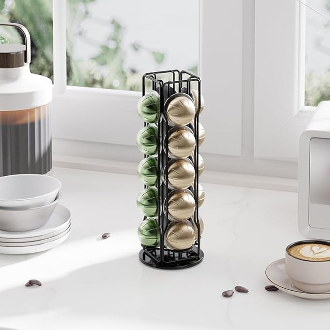 20 Vertuo Pods Coffee Pod Holder Compatible For Nespresso Vertuoline Stand Rack Holds Vertuo line Organizer Carousel 360-Degree Rotatable (Black)
