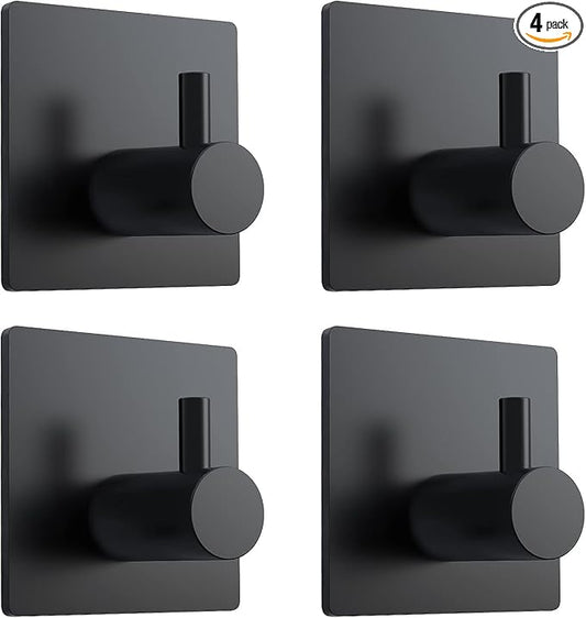 LICITE USA 4-Pack Adhesive Hooks – Heavy Duty Stainless Steel Stick-On Wall Hooks for Bathroom, Kitchen, Doors, and Cabinets – Waterproof, Rust-Resistant, No Drill Required (Black/Silver)