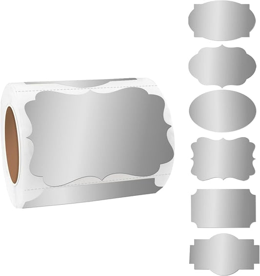 Silver Labels, 250 Pcs 2" x 3" Fancy Shape Stickers for Storage Box, Food Jars, Gift Tags