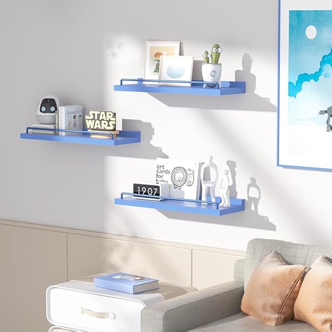 Blue Floating Shelves, Room Decor Shelves,Pink Kawaii Room Decor Wall Shelves for Living Room, Bedroom, Picture Frames, Plants, Kitchen, Set of 3 (Blue)