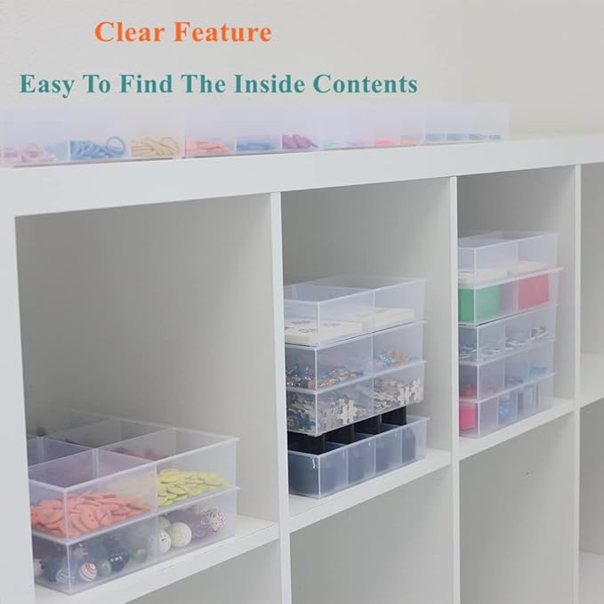 BangQiao 2 Pack Fixed 6 Grids Clear Plastic Organizer Sorting Tray with Large Compartment, Transparent Storage Divider Box Container Case for Hardware, Craft, Sewing Kit, Office Supplies, Small Parts