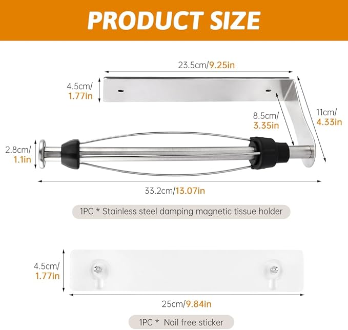 Magnetic Paper Towel Holder for Fridge, No Drill, One Hand Tear Paper Towel Holder with Ratchet Mechanism, Self-Adhesive & Wall Mount for Refrigerator, Kitchen, Garage, RV(Color:Silver)