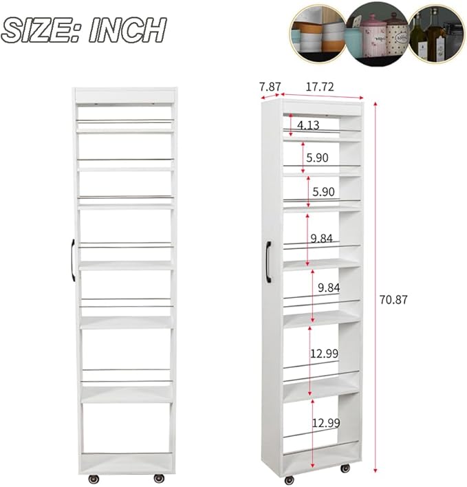 7 Tier Slim Storage Cart, Rolling Spice Rack Next to Fridge Slim, Narrow Storage Cabinet, Wood Storage Organizer with Handle Wheels for Kitchen, Dining Room (7 Tier - Oak color2)