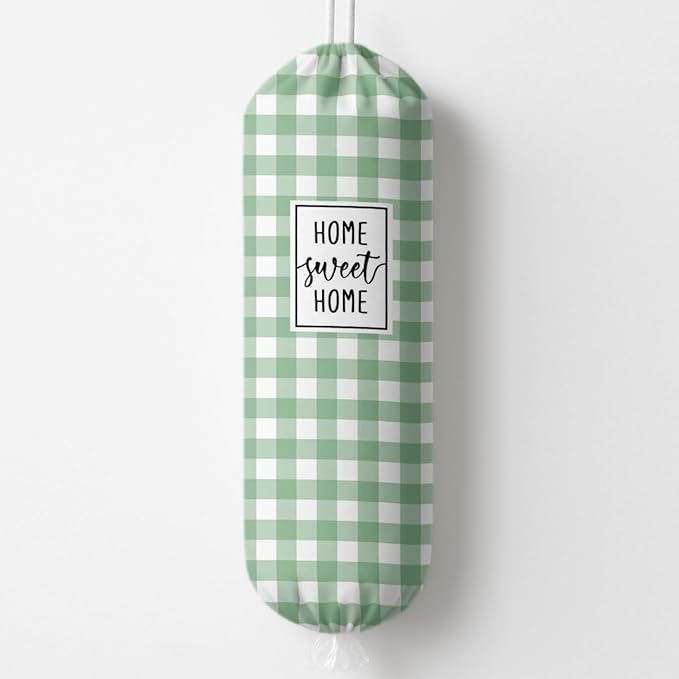 Plastic Bag Holder, Home Sweet Home Plastic Bag Holder for Kitchen Essentials, Green and White Grid Bags Holders for Plastics Bags Groceries Store, Reusable Hanging Trash Sack Dispenser