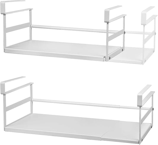 2Pack Under Shelf Storage Basket Organizer Expandable Width Add-On Space Saver Hanging Under Cabinet Pantry Kitchen Countertop Desktop Cupboard Board Slide-In White Heavy-Duty Metal Wider Size
