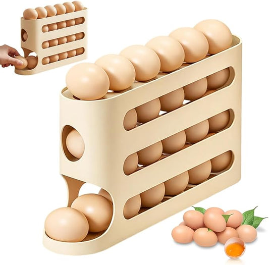 Egg Holder for Fridge, 2026 New Egg Organizer for Refrigerator, Space-Saving Auto Rolling Egg Dispenser, 4 Tiers Fridge Egg Rack for Refrigerator Storage Box Holds up to 30 PCS (Beige)