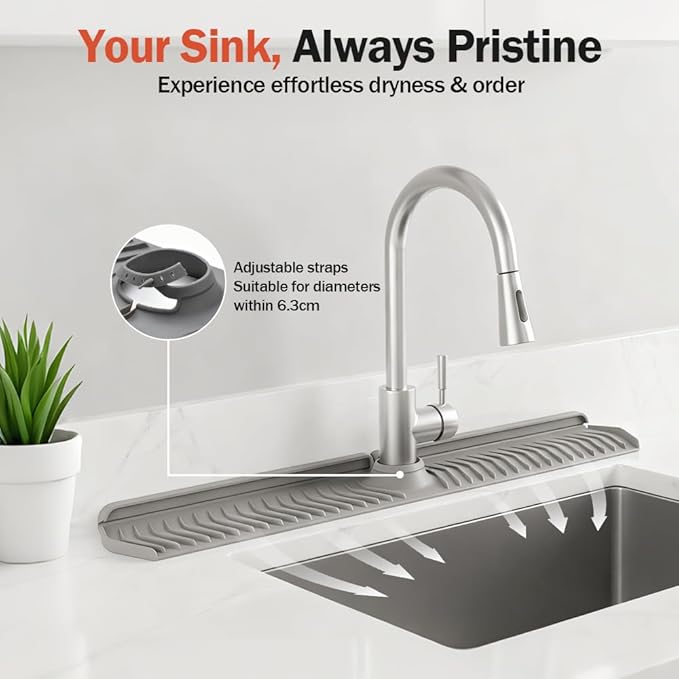 Foldable Kitchen Sink Faucet Mat, 76CM Thickened Faucet Mat for Kitchen Sink, Multi-Purpose Splash Guard & Drying Pad with Adjustable Holes & Snap Lock (Grey)