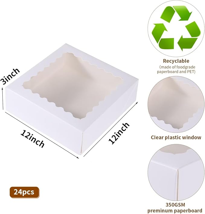 24 pcs12x12x3 Inch Bakery Boxes with Window, White 12 inch Cake Pastry large Pie Cookie Box for Dessert,strawberry,Chocolates Boxes