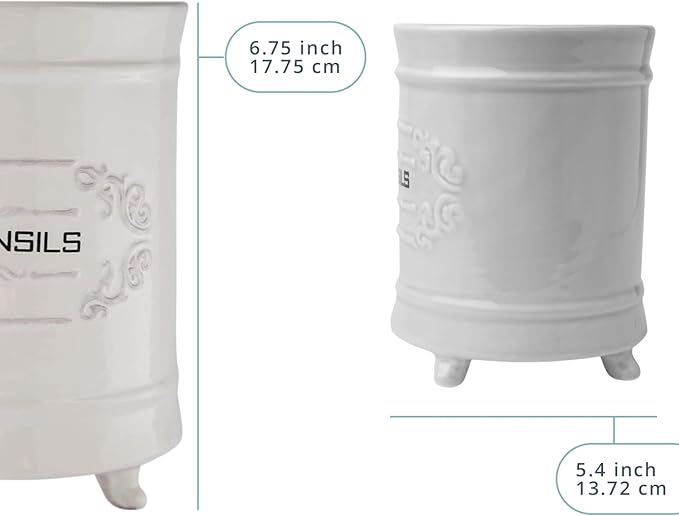Comfify White Ceramic Utensil Holder – Vintage Style Kitchen Caddy – Shabby Chic Countertop Organizer – Rustic French Country Crock for Cooking Enthusiasts