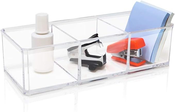 Isaac Jacobs Clear Acrylic 3 Section Organizer- Three Compartment Drawer Tray and Storage Solution for Office, Bathroom, Kitchen, Supplies, and More (Clear)