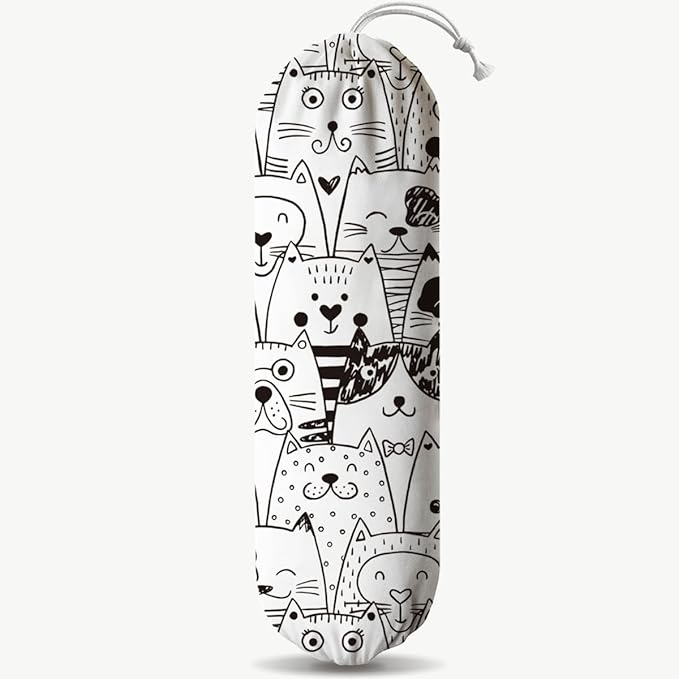 Cartoon Cats Plastic Bag Holder, Reusable Washable Shopping Bags Storage Carrier, Animal Prints Fabric Garbage Trash Bag Dispenser for Home Kitchen Pantry Cabinet, Wall Mount, Gifts for Women