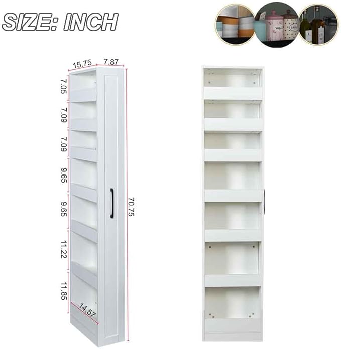 7 Tier Slim Storage Cart, Rolling Spice Rack Next to Fridge Slim, Narrow Storage Cabinet, Wood Storage Organizer with Handle Wheels for Kitchen, Dining Room (7 Tier)