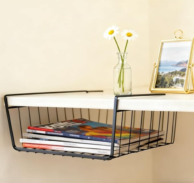 JIABEIUS 8 Pack Under Shelf Storage Basket, Hanging Under Cabinet Wire Rack with 8pcs Hooks, Slide-in Baskets Organizer for Kitchen Pantry Counter Desk Bookshelf (Black)