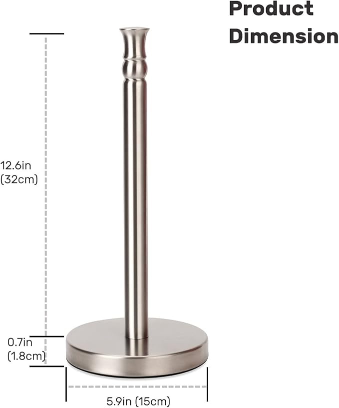 Paper Towel Holder Stand Countertop with Heavy Weighted Stainless Steel Base, Free Standing Paper Towel Holder (Brushed Nickel)