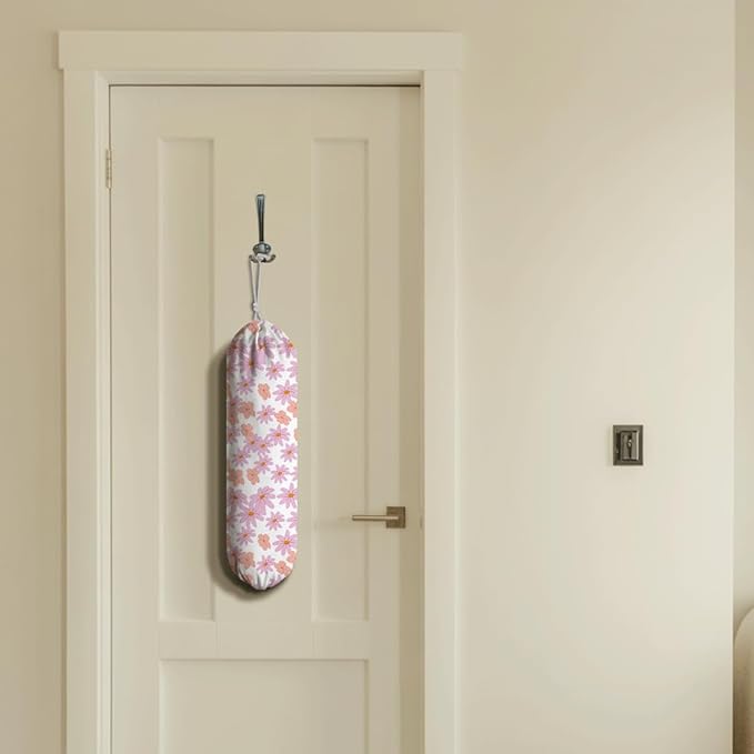 Pink Floral Grocery Bag Holder, Trash Grocery Bag Storage Dispenser, Shopping Trash Bags Organizer, Decorative Plastic Bags Holder for Wall Decor, Home Decor for Kitchen Pantry