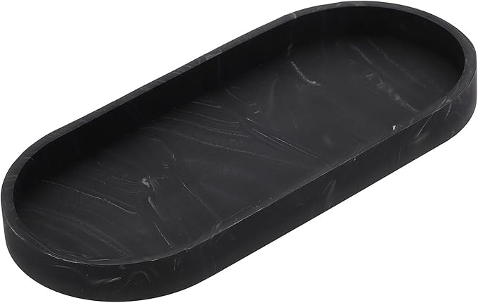 uxcell Bathroom Vanity Tray, 9.8" x 4" Oval Silicone Soap Dispenser Trays, Shatterproof Kitchen Sink Organizer for Soaps Keys Candle Trinket, Marble Black