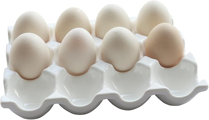 Ceramic Egg Holder, 12 Cups Egg Tray with Non-Slip Base, Porcelain Container for Storing a Dozen Eggs for Fridge and Countertop