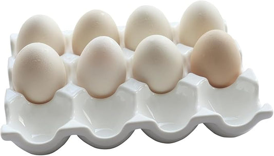Ceramic Egg Holder, 12 Cups Egg Tray with Non-Slip Base, Porcelain Container for Storing a Dozen Eggs for Fridge and Countertop