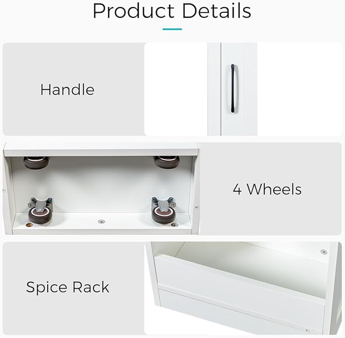7 Tier multi-functional pull-out storage Cart for Next to Fridge, Rolling Slim Narrow Utility Cart for Small Spaces, Single sided open Spice Rack for Kitchen, Living Room & Narrow Spaces (White)